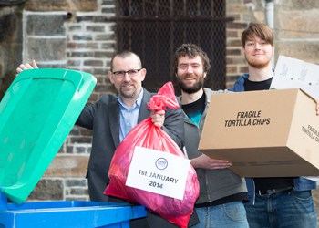 (l-r) Iain Gulland, from Zero Waste Scotland, Calum Carmichael and Joe Dick of the Hanging Bat pub in Edinburgh which has changed its waste management practices to comply with the regulations